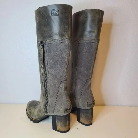 Sorel Women Boots NL2301 Addington Distressed Taupe Gray Leather Tall Heel Sz 7 - Picture 6 of 12